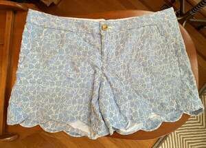 Lilly Pulitzer Buttercup Blue and White Pinstripe Eyelet Scalloped Hem Shorts